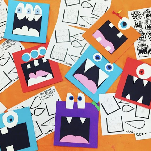 paper cut outs with monster faces and eyes on orange background, for kids to make