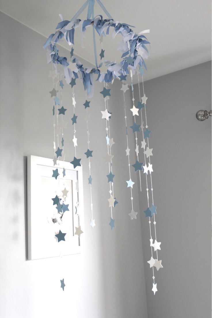 a blue and white mobile with stars hanging from it's sides in a room