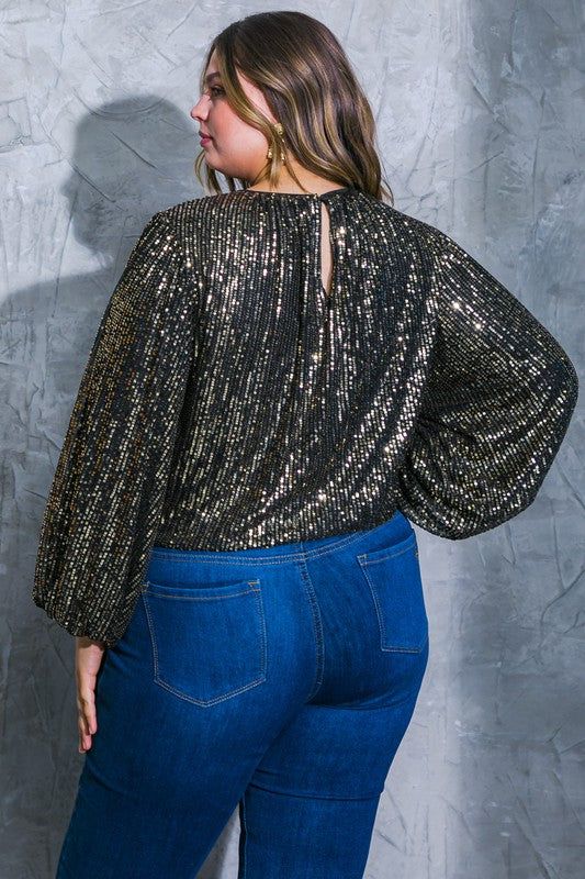 A sequin top featuring round neckline, long sleeve, elasticized waist and back neck button closure. Perfect for my plus size girly wanting a trendy options . Glamorous Long Sleeve Tops With Contrast Sequin, Long Sleeve Tops With Contrast Sequin For Night Out, Contrast Sequin Long Sleeve Tops For Night Out, Glamorous Fall Top With Contrast Sequin, Glamorous Fall Tops With Contrast Sequin, Glamorous Contrast Sequin Top For Fall, Glamorous Long Sleeve Stretch Tops, Contrast Sequin Long Sleeve Tops For Fall, Long Sleeve Tops With Contrast Sequin For Fall