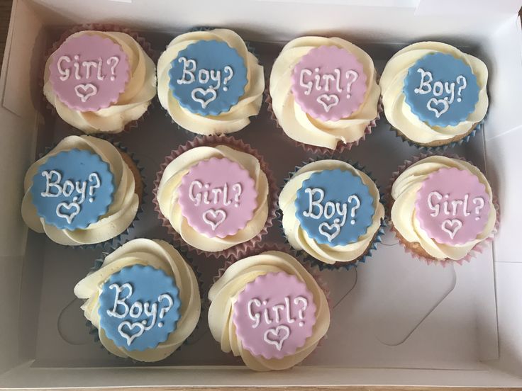 six cupcakes in a box with the words girl on them and question marks