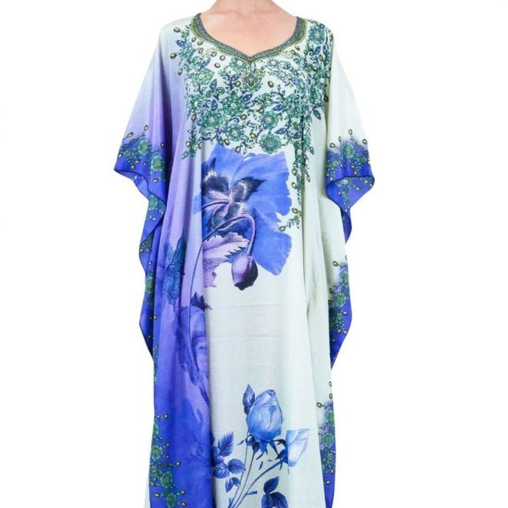 One Size Fits ( 2-14 ) Usa Size Shahida Signature Print - Lace Up Kaftan Multi Wear - 3 Ways To Wear Caftan Dress How To Style Lace Up Kaftan - 3 Ways To Different Style Shahida Long Kaftan Dress Shahida Parides Convertible Kaftan One Of 3 Ways For Style You'll Love! Versatility Ensures You'll Never Be Bored Of This V-Neck Lace Up Kaftan! - V-Neck, Halter, Off-The-Shoulder Neckline - Handmade & Handcrafted - Approx. 58”-60" Long Kaftan - Poly Silk Women's Designer Caftans Blue Bohemian Dress With Kimono Sleeves, Bohemian Blue Dress With Kimono Sleeves, Blue Printed Kaftan With Kimono Sleeves, Blue Kaftan With Kimono Sleeves In Free Size, Blue Kaftan With Kimono Sleeves Free Size, Traditional Blue Maxi Dress For Spring, Bohemian Light Blue Kaftan For Spring, Elegant Blue Free Size Dress, Blue Kaftan With Kimono Sleeves For Spring