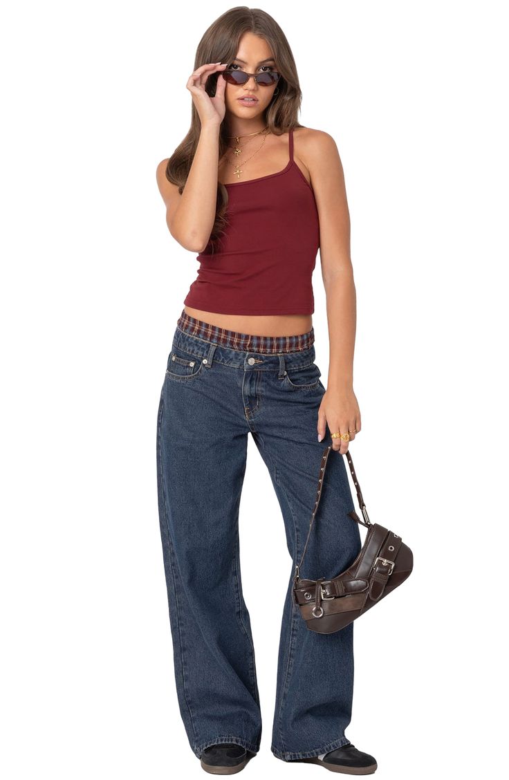 Right for pretty much any sunny day, this stretch-enhanced cotton cami features adjustable straps and an abbreviated length. Scoop neck Adjustable straps 95% cotton, 5% spandex Machine wash, dry flat Imported Boxers Under Jeans, Plaid Boxers, Latest Jeans, Cropped Camisole, Jeans Outfits, Relaxed Jeans, Blue Fits, Designer Jeans, Mid Rise Jeans