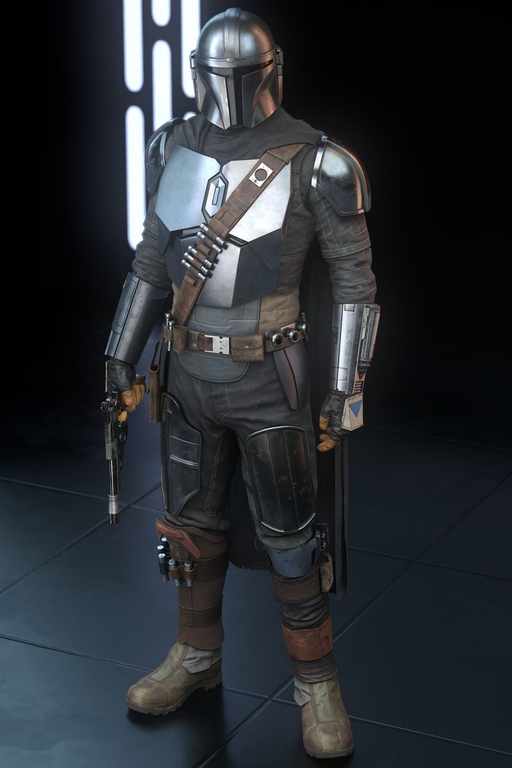 a star wars character standing in front of a dark background