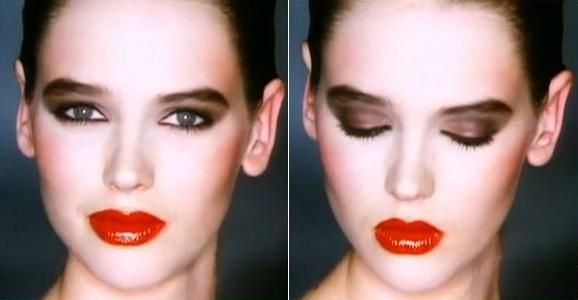 two pictures of a woman with red lipstick and black eyeliners on her face