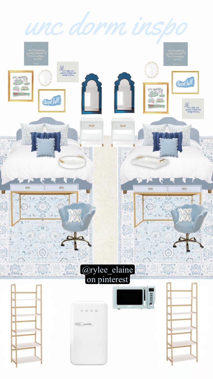 the interior of a bedroom with blue and white decor