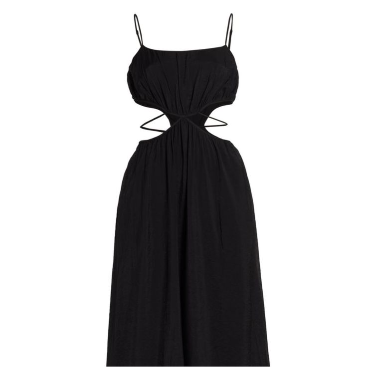 Cut Out Side Dress, Full Length Maxi Dress- Fits True To Size! Zips Up The Back Black Cutout Maxi Dress For Spring, Black Midi Dress With Tie Back For Day Out, Black Cutout Dress For Spring, Black Midi Dress With Tie Back For Date Night, Black Cutout Dress For Summer, Black Tie Back Midi Dress For Date Night, Black Midi Length Dress With Tie Back, Black Sundress Style Maxi Dress For Night Out, Casual Evening Dress With Cutout