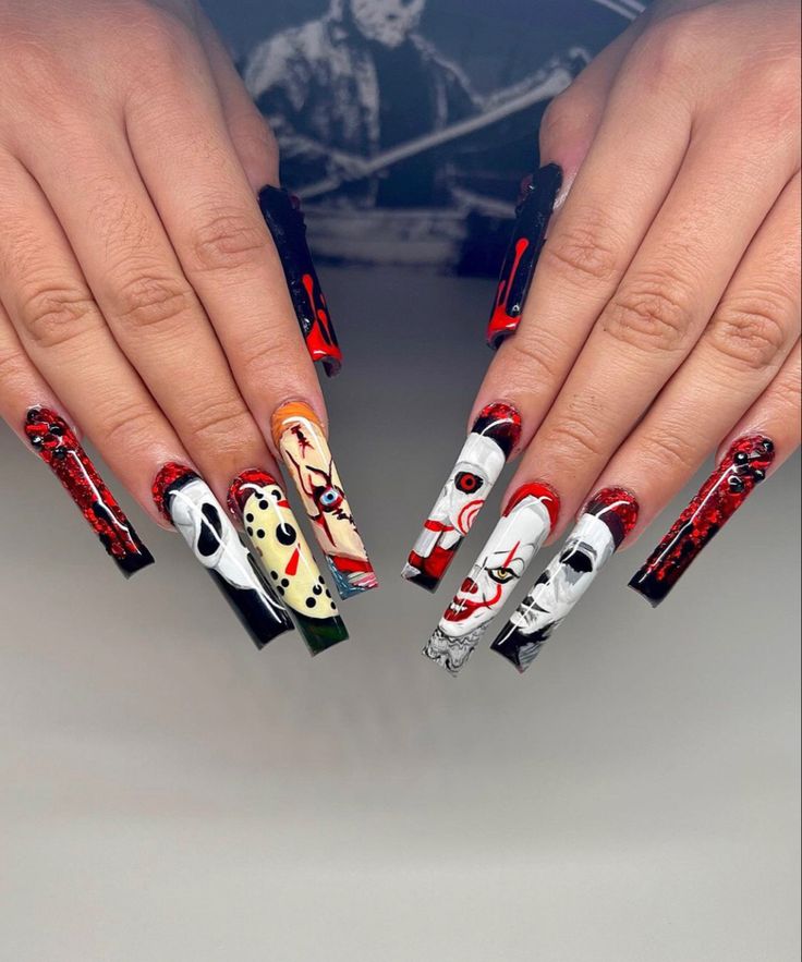 Halloween Movie Themed Nails, Horror Movie Acrylic Nails, Slasher Nail Art, Dope Halloween Nails, Halloween Nails Horror Movies, Horror Theme Nails, Micheal Myers Nail Designs, Horror Movie Nails Halloween, Chuckie Nails