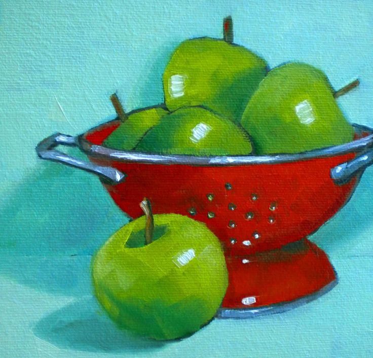 a painting of green apples in a red bowl