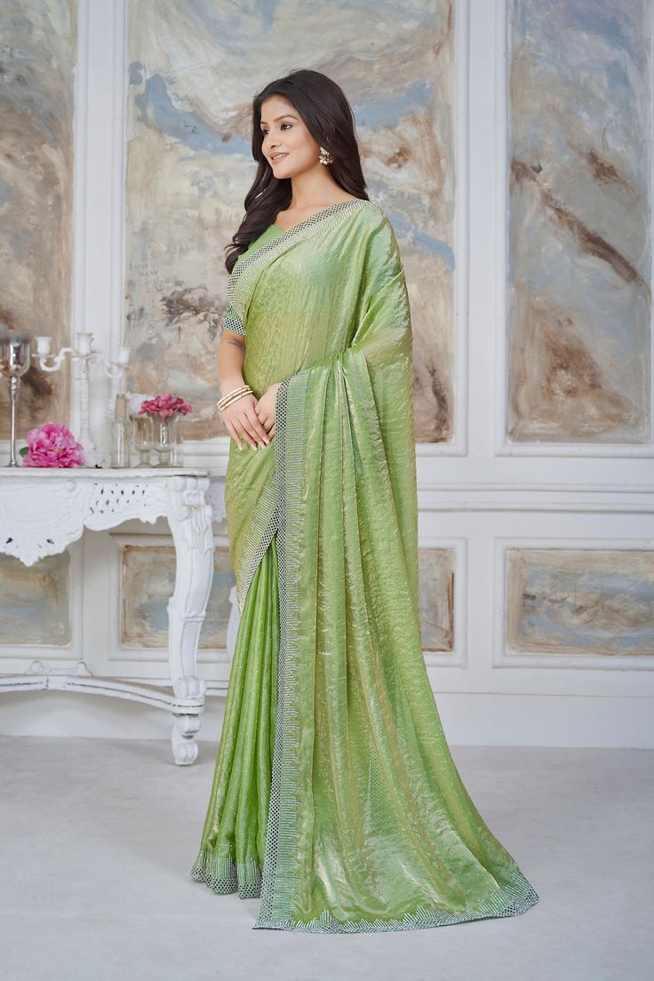 Dolly Organza Stone Cut Work Saree Premium quality fabric Enhanced with stone embroidery work. Comes with unstitch blouse fabric High quality fabric and stitching. Introducing the Dolly Saree, crafted from delicate Organza fabric and adorned with intricate stone cut work. The perfect blend of elegance and artistry, this saree is sure to make a statement. Reception Georgette Saree With Self Design, Semi-stitched Self Design Saree For Reception, Unstitched Elegant Pista Green Blouse Piece, Elegant Unstitched Blouse Piece In Pista Green, Elegant Unstitched Pista Green Blouse Piece, Floor-length Pista Green Saree For Reception, Pista Green Traditional Saree With Unstitched Blouse, Reception Blouse Piece With Self Design In Chinon, Pista Green Semi-stitched Pre-draped Saree