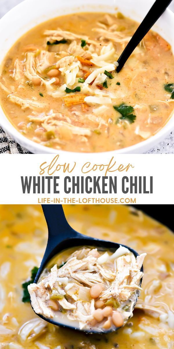 slow cooker white chicken chili in a bowl with a ladle full of soup