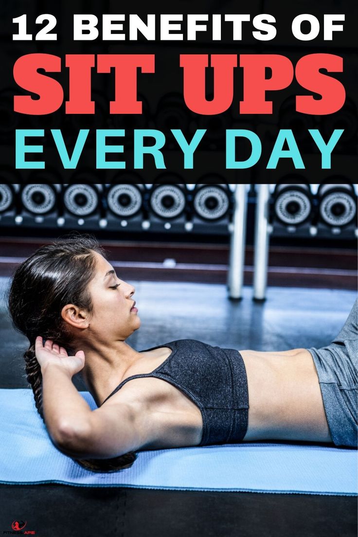 a woman laying on top of a blue mat with the words 12 benefits of sit ups everyday