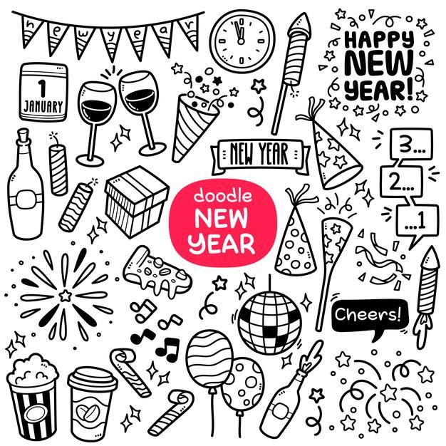 doodle new year's eve card with different symbols and words in black and white