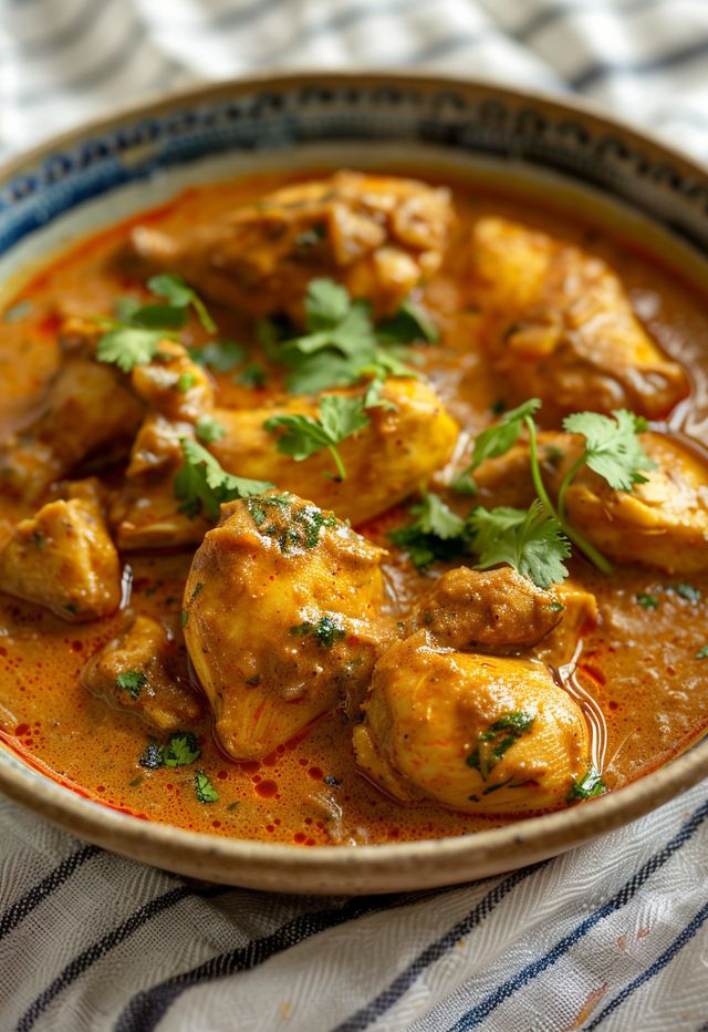 a bowl filled with chicken curry and garnished with cilantro