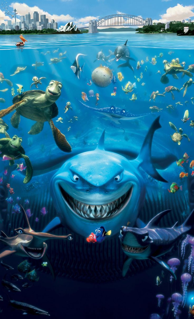 the poster for disney's finding nemo, which features sharks and other sea creatures