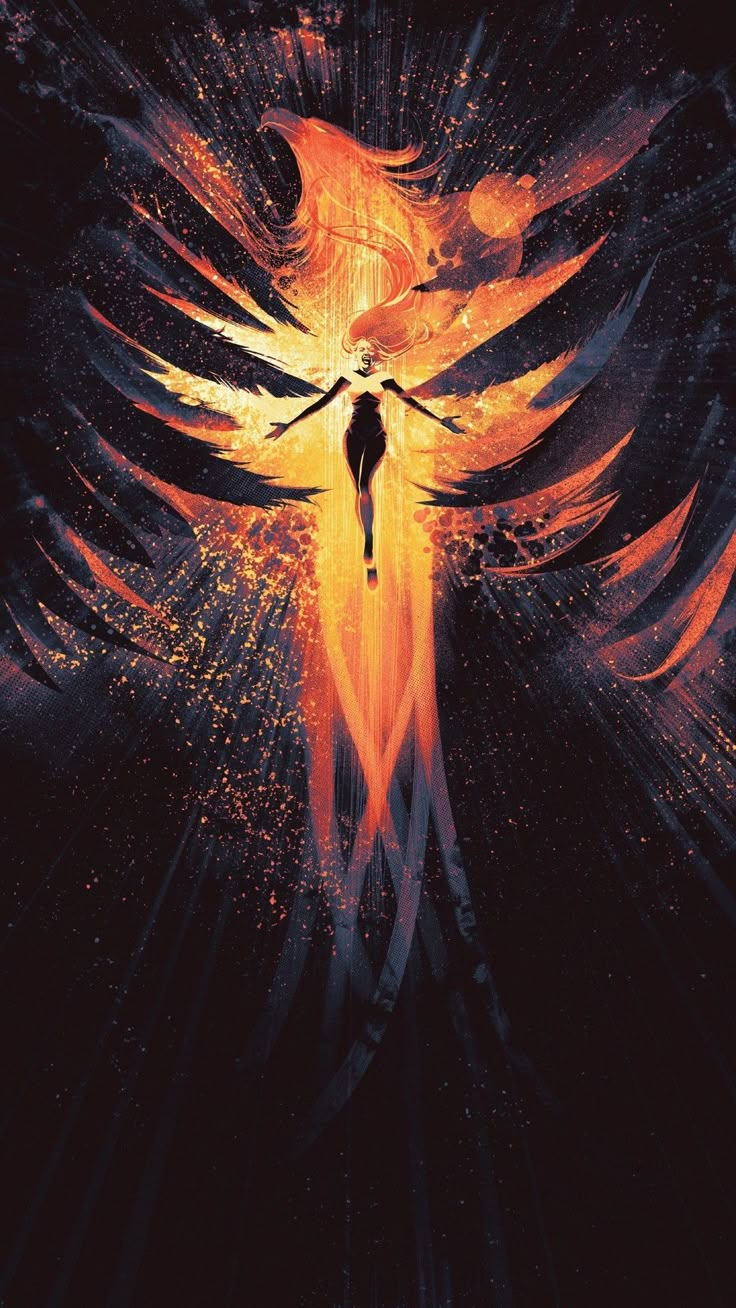 the poster for dark phoenix is shown with an image of a person standing in flames