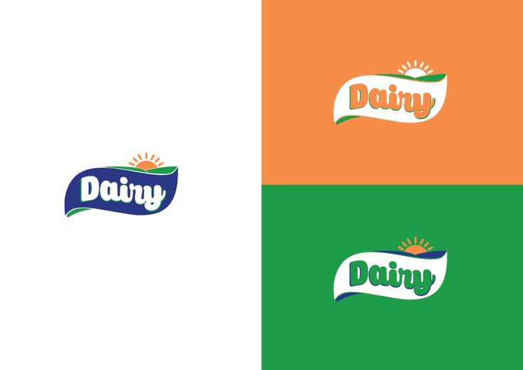 three logos for dairy brand on different colors