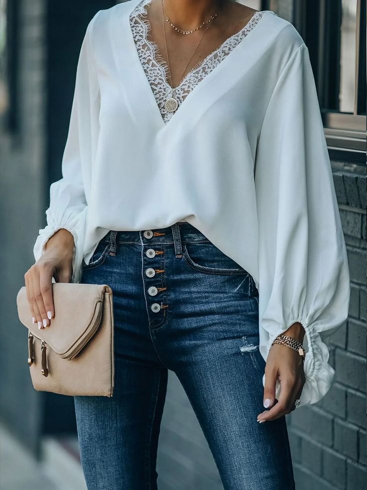 V Neck Paneled Long Sleeve Top Balloon Sleeves Blouse, Batwing Sleeve Shirt, Lace Balloons, Lantern Sleeved Blouses, Balloon Sleeve Top, Cozy Tops, Balloon Sleeve Blouse, White Lace Top, Sleeves Top