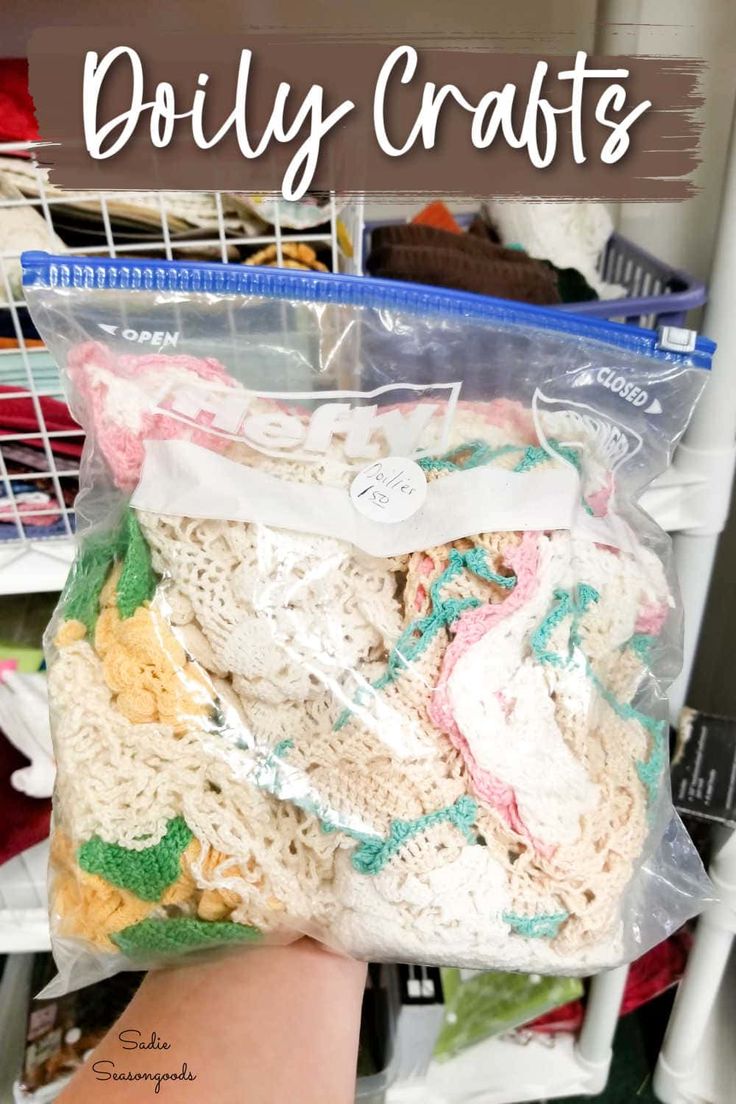 a person holding a bag full of doily crafts in their hand with text overlay that reads, diy crafts