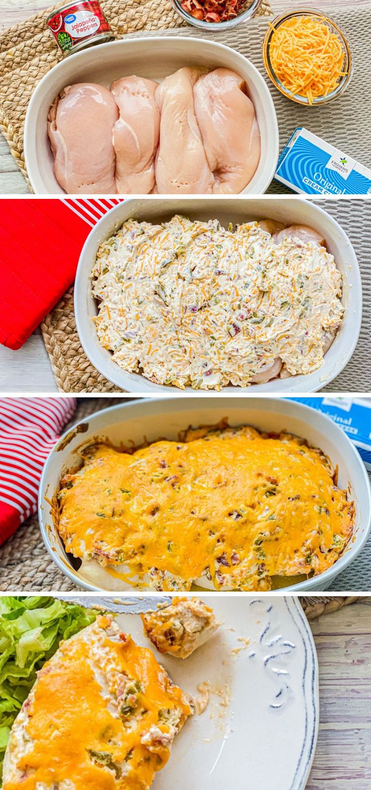 four different images showing the steps in how to make an enchilada casserole