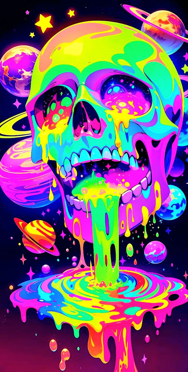 a colorful skull with planets and stars in the background