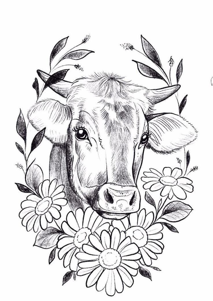 a drawing of a cow with flowers around it's neck and the face of a cow