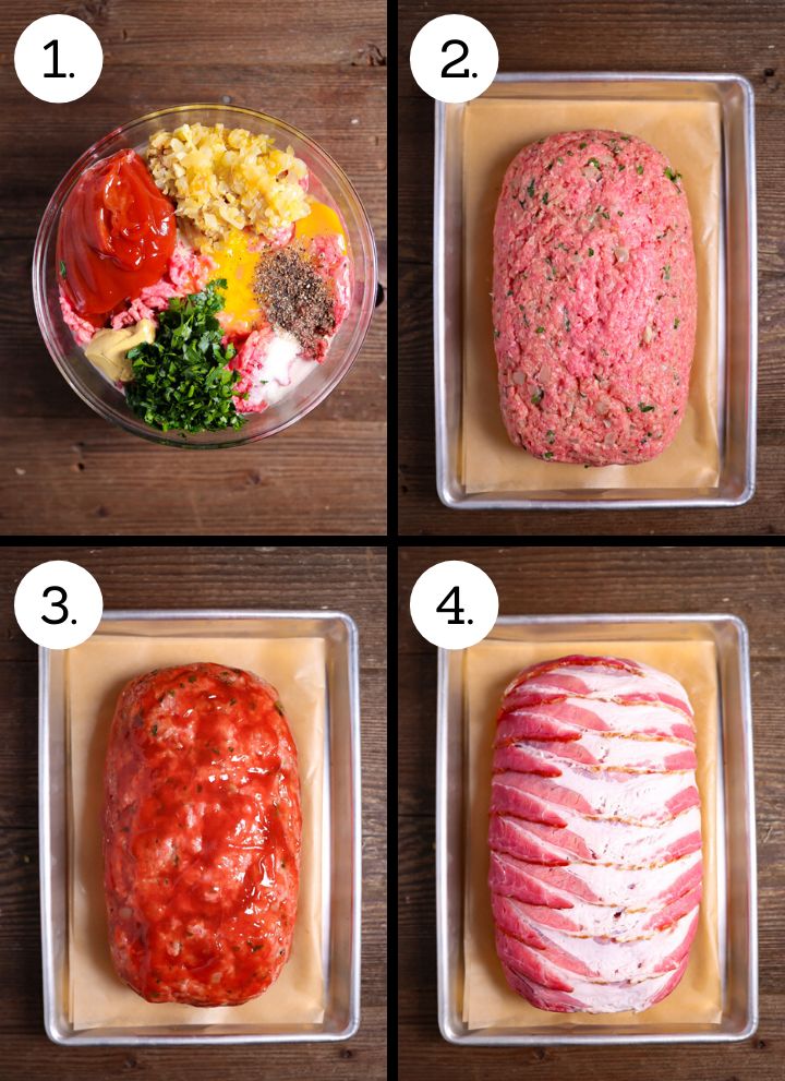 four pictures showing the steps in how to make hamburger patties with meat and vegetables