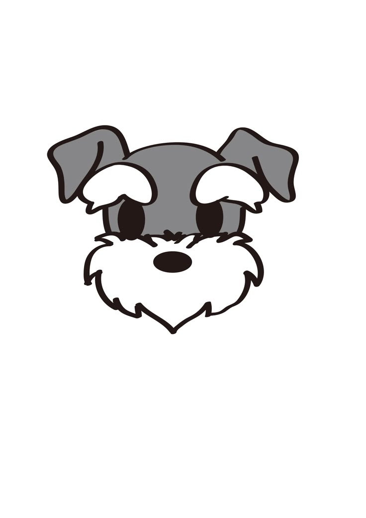 a black and white drawing of a dog's face with big eyes, long hair and a beard