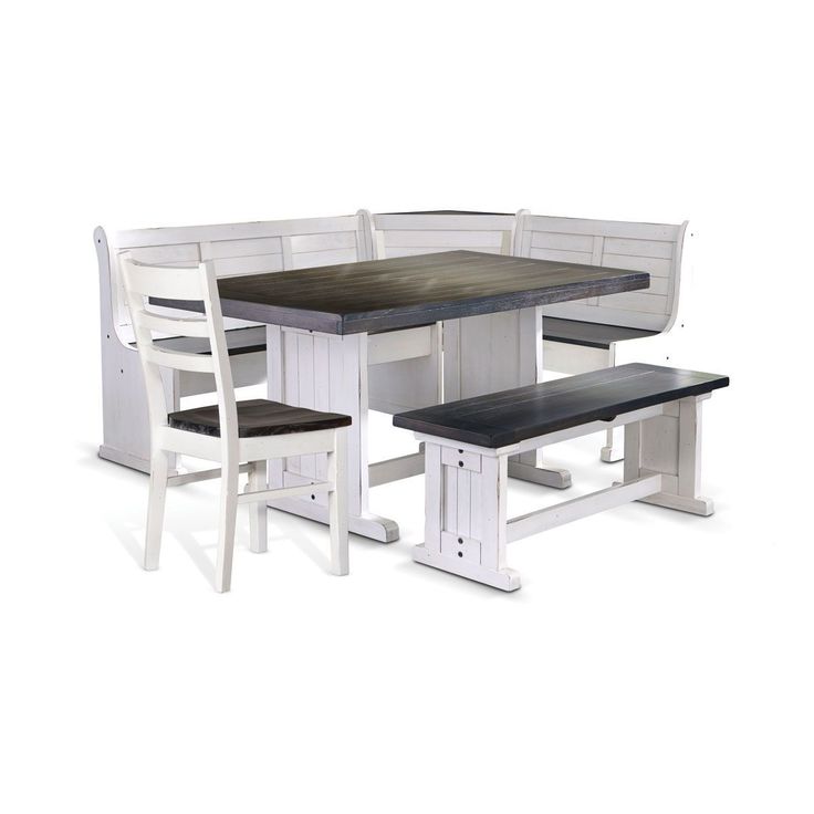 a dining table and bench with two chairs next to each other on a white background