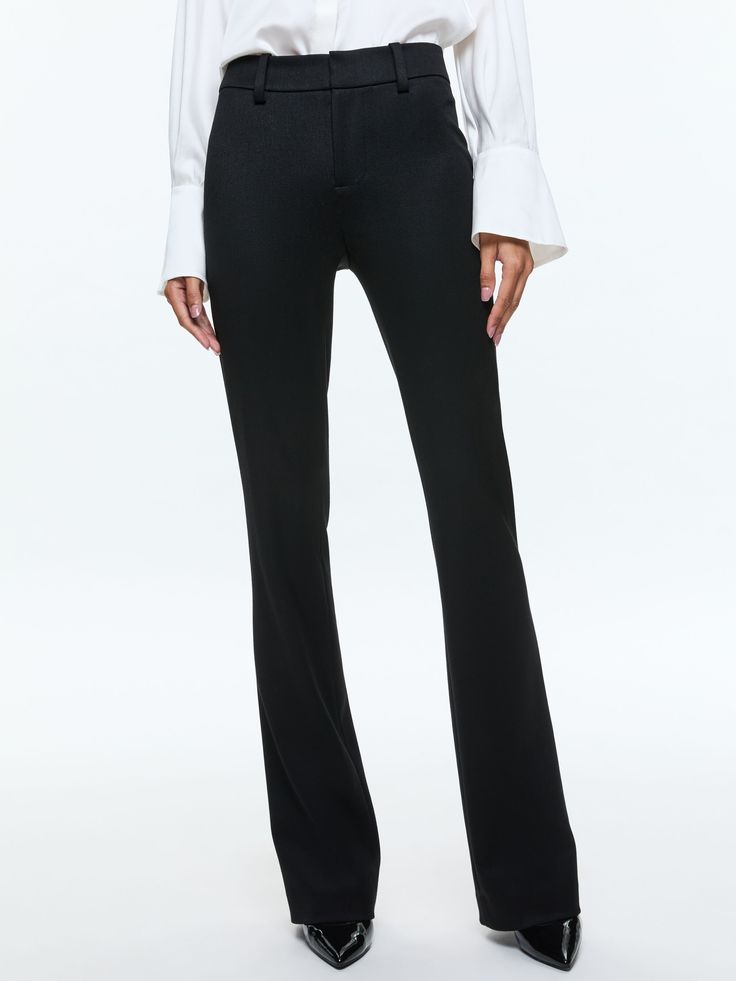 New Olivia Low Rise Slim Flare Trouser In Black Mid-rise Bottoms For Business Casual, Sleek Flare Bottoms In Elastane, Elegant Wide Leg Pants With Five Pockets, Sleek Mid-rise Fall Pants, Elegant Wide-leg Pants With Five Pockets, Chic Mid-rise Jeans For Business Casual, Fitted Mid-rise Wide Leg Elastane Pants, Elegant Wide Leg Flare Jeans For Work, Tailored Mid-rise Pants For Fall