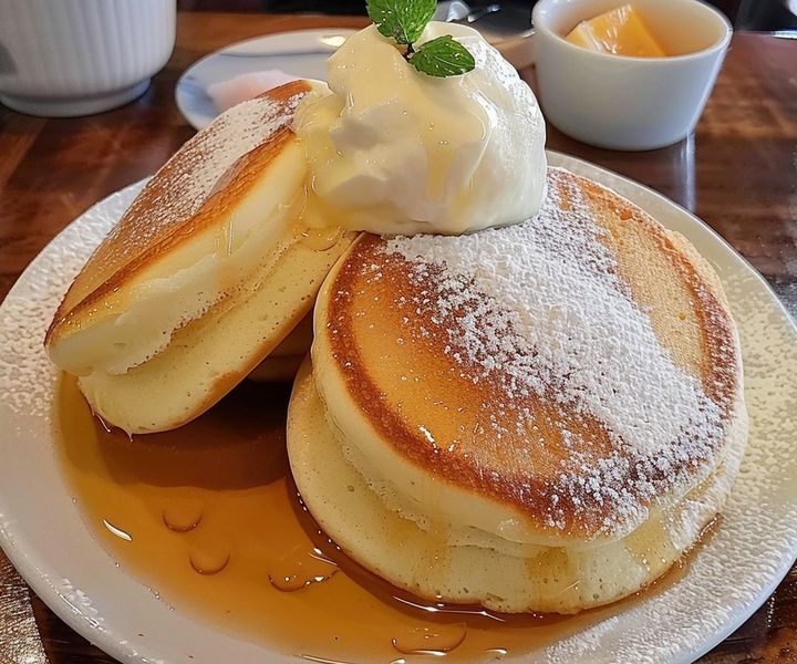 two pancakes covered in powdered sugar and topped with whipped cream on a white plate