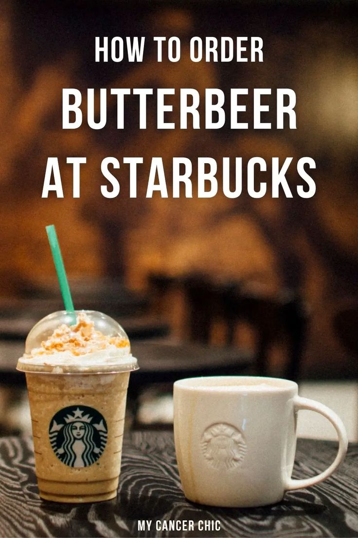 two starbucks drinks sitting next to each other on a table with the words, how to order butterbeeer at starbucks