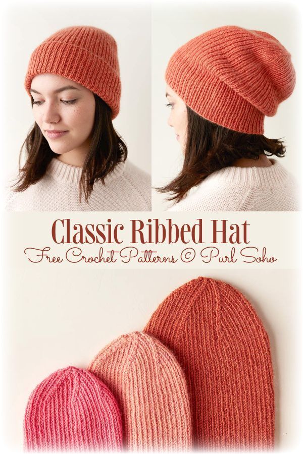 two knitted hats with text that reads, classic ribbed hat free crochet patterns