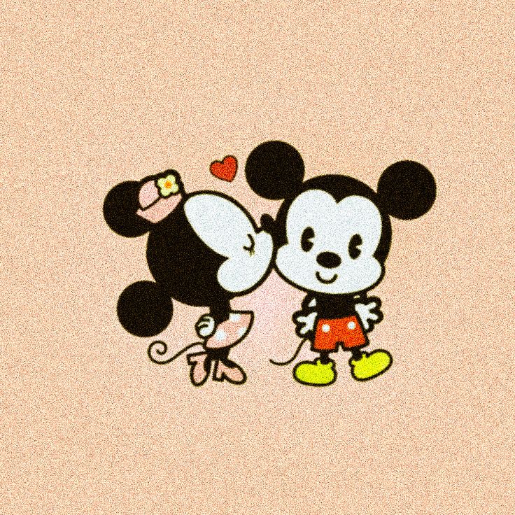 mickey and minnie mouse kissing each other on a beige background with hearts in the air