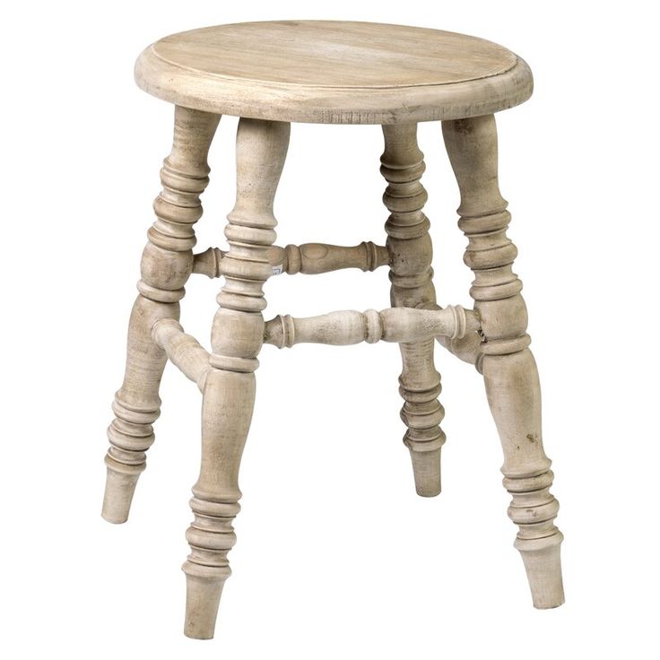 an old stool made out of wood with wooden legs and round seat, isolated against a white background