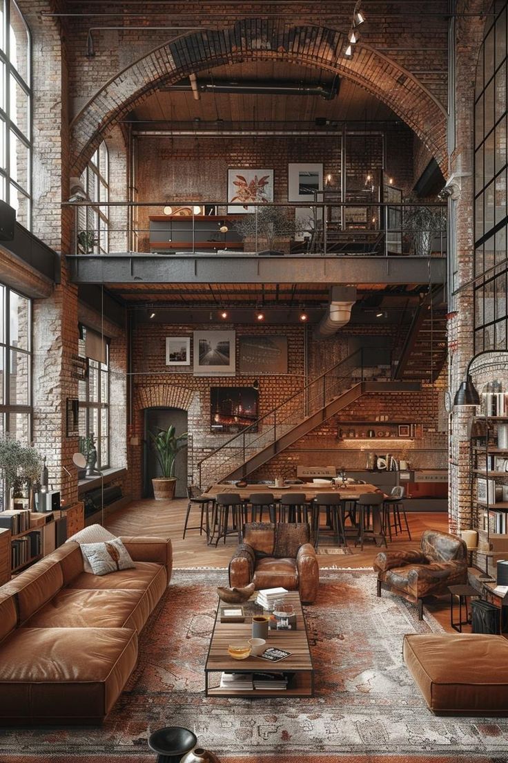 an industrial style living room with exposed brick walls and large open floor to ceiling windows