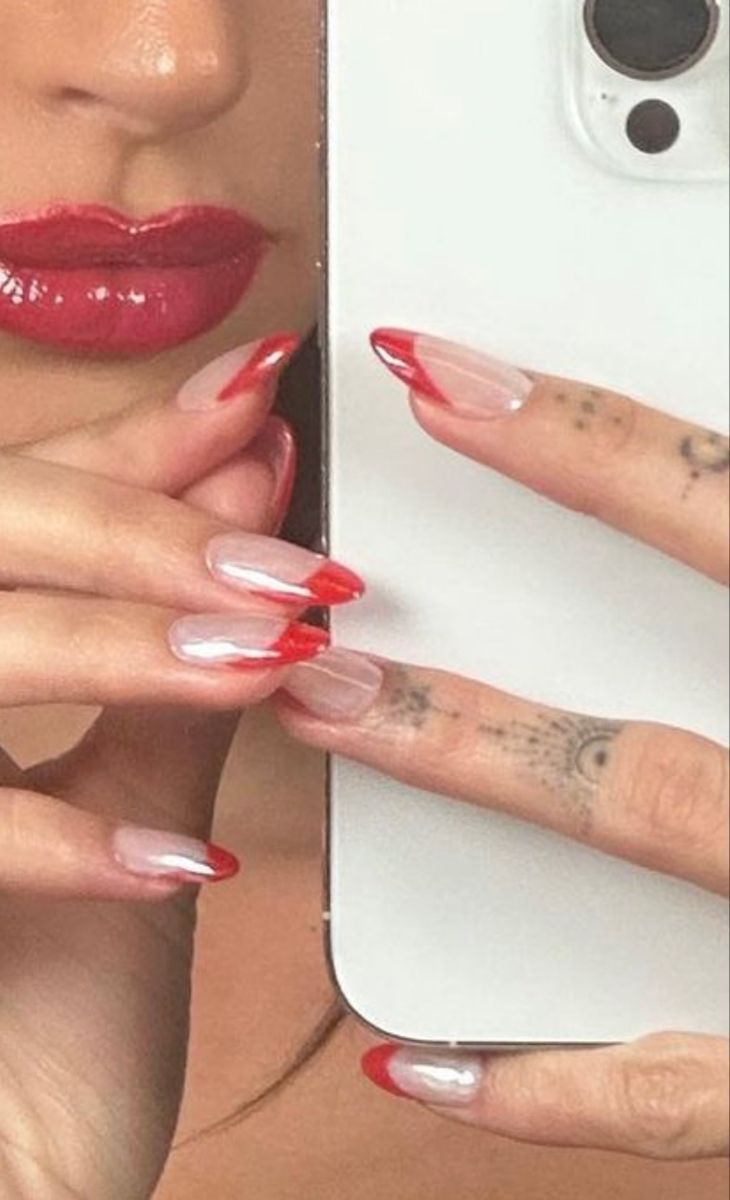 Red Tip With Chrome, Red French Pearl Nails, Red French Glazed Nails, Red French With Pearls, Red Tip Chrome Nails, Pearl Red Nails, Red French Tip Chrome Nails, Red French Chrome Nails, Transparent Red Nails