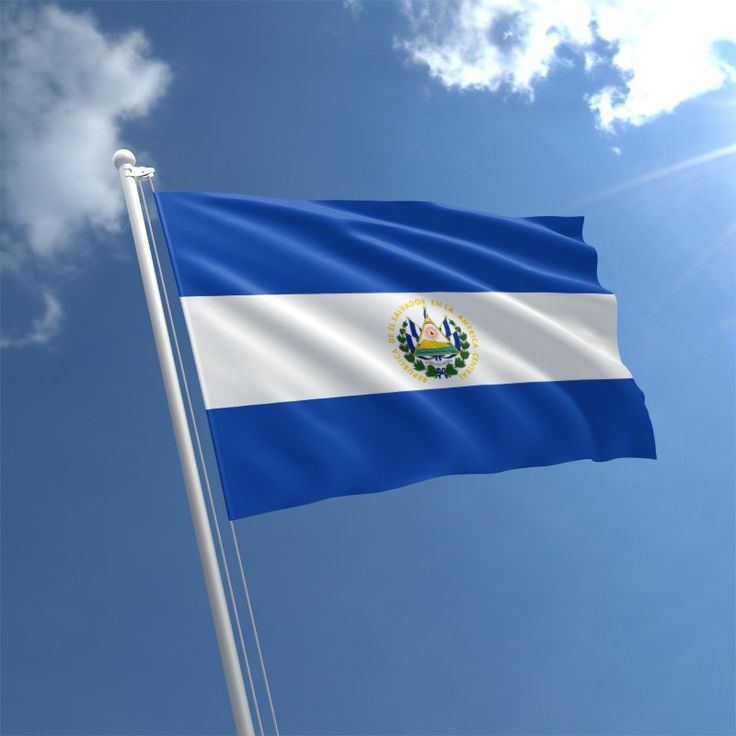 the flag of el salvador is flying high in the blue sky with fluffy white clouds