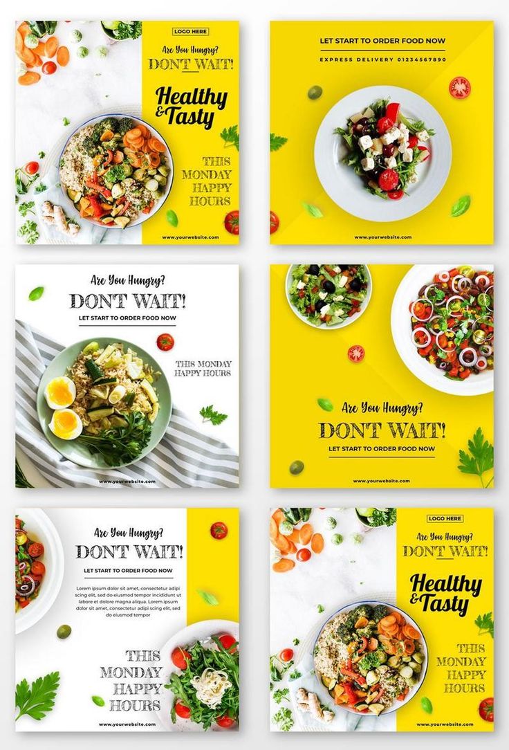 four different brochures with food on them, one is yellow and the other has green