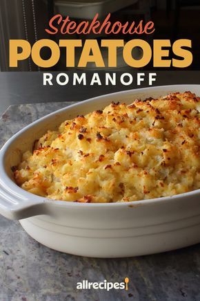 the cover of steakhouse potatoes by romanoff, with an image of a casserole dish