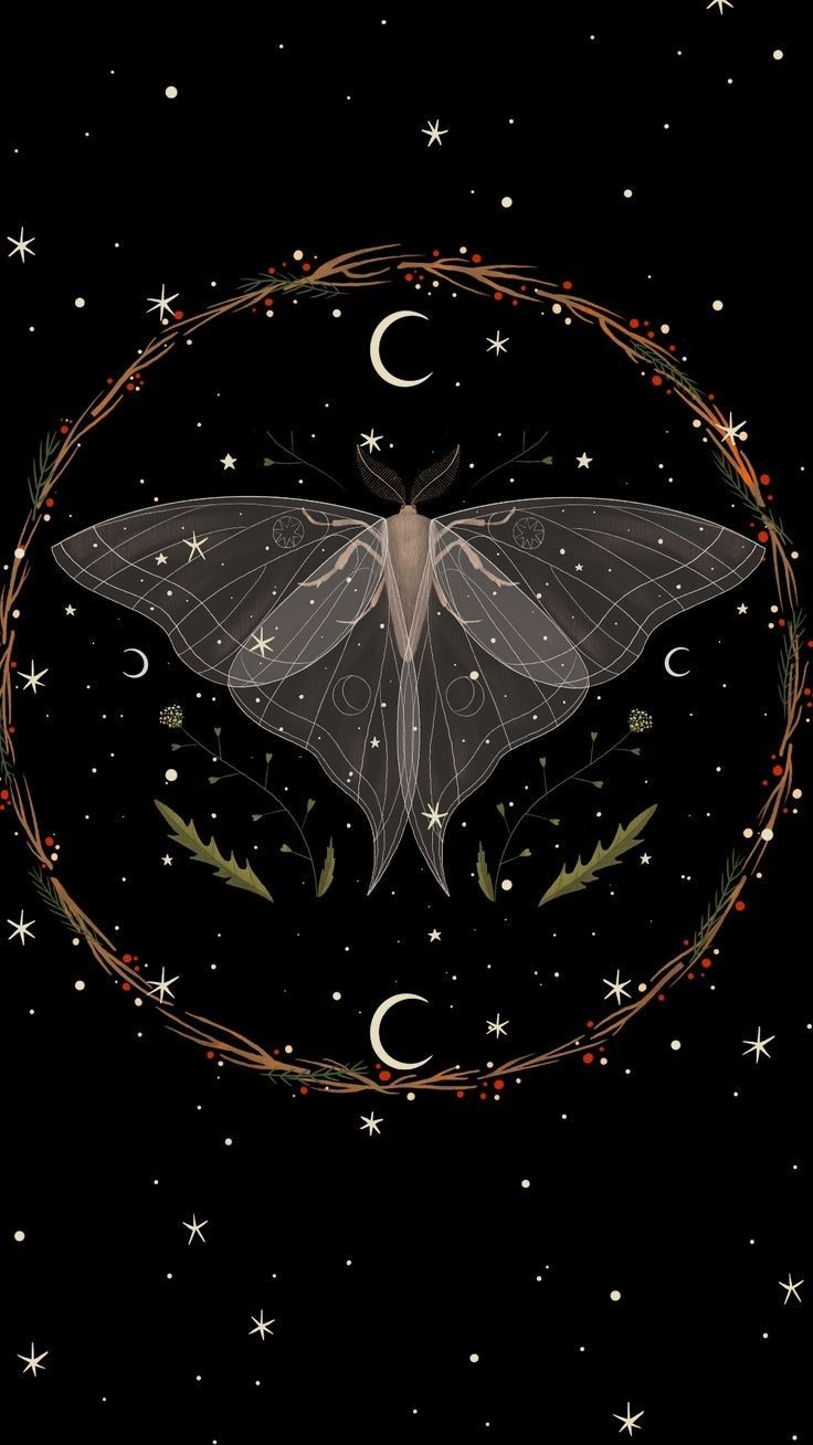 a white butterfly with stars and crescents on it's wings in the night sky