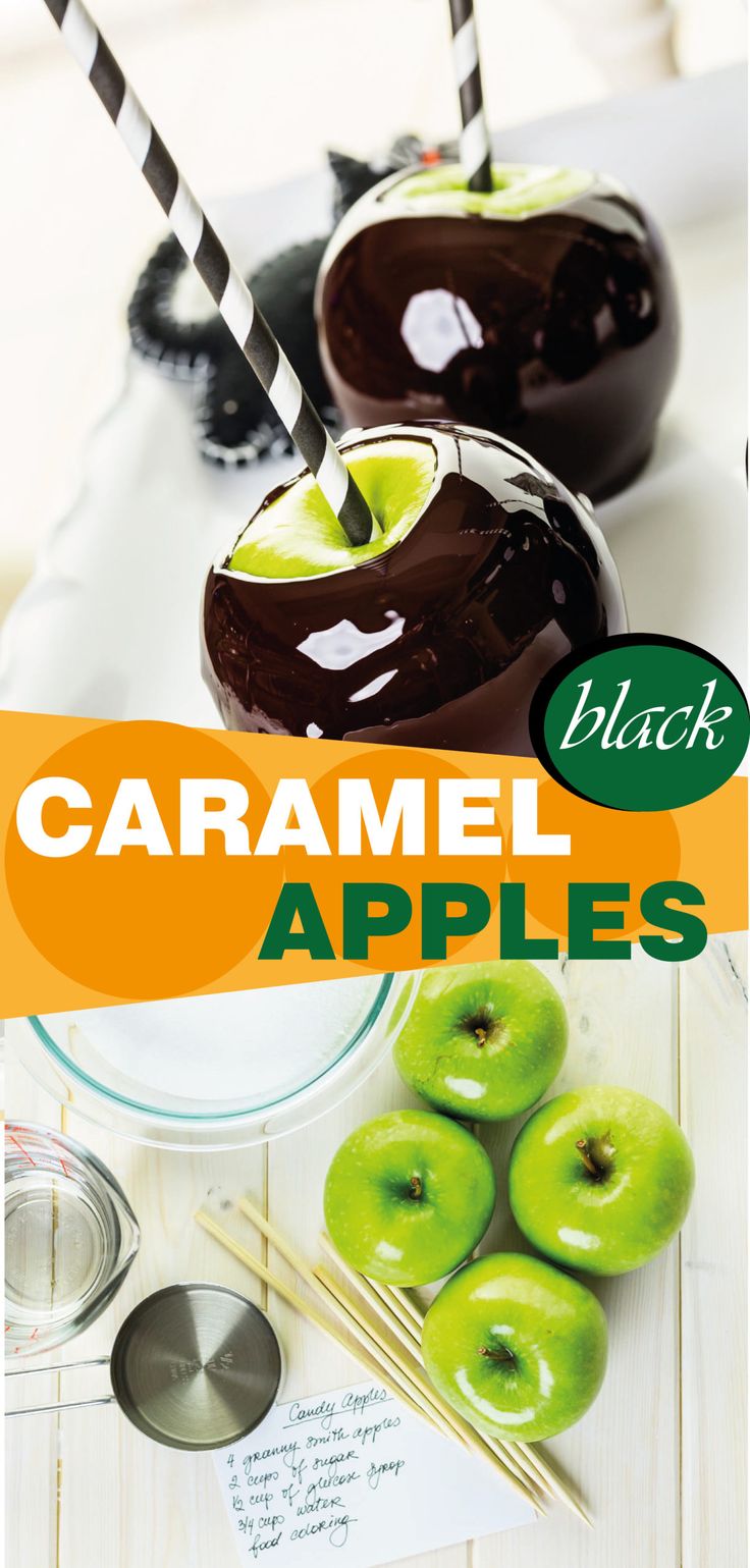 caramel apples with chocolate and green apples in the background, on a white table