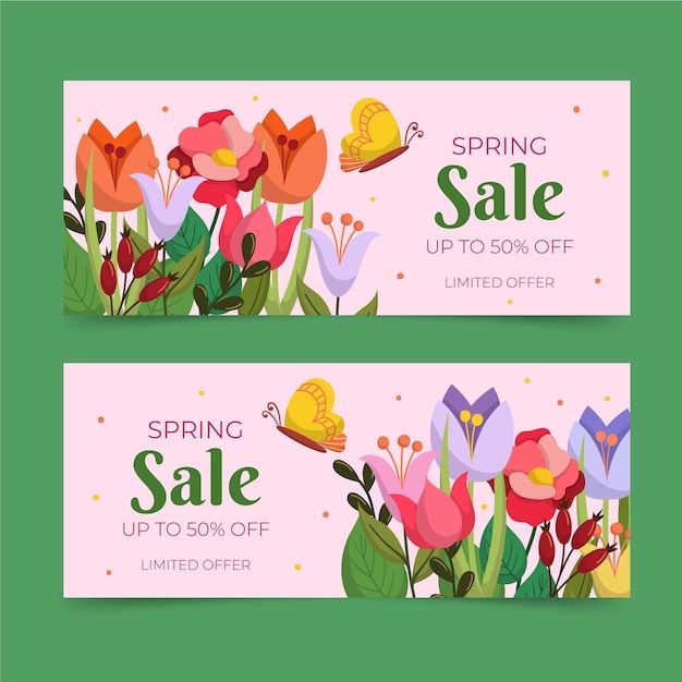 two spring sale banners with flowers and butterflies