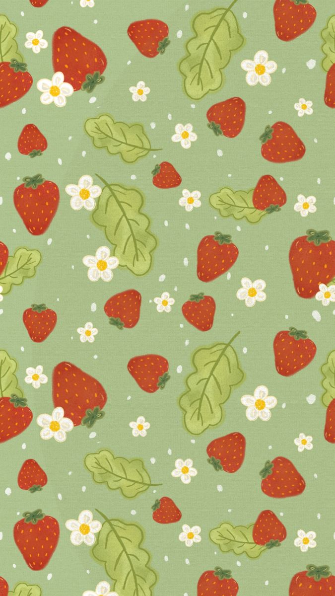 a green background with strawberries and flowers