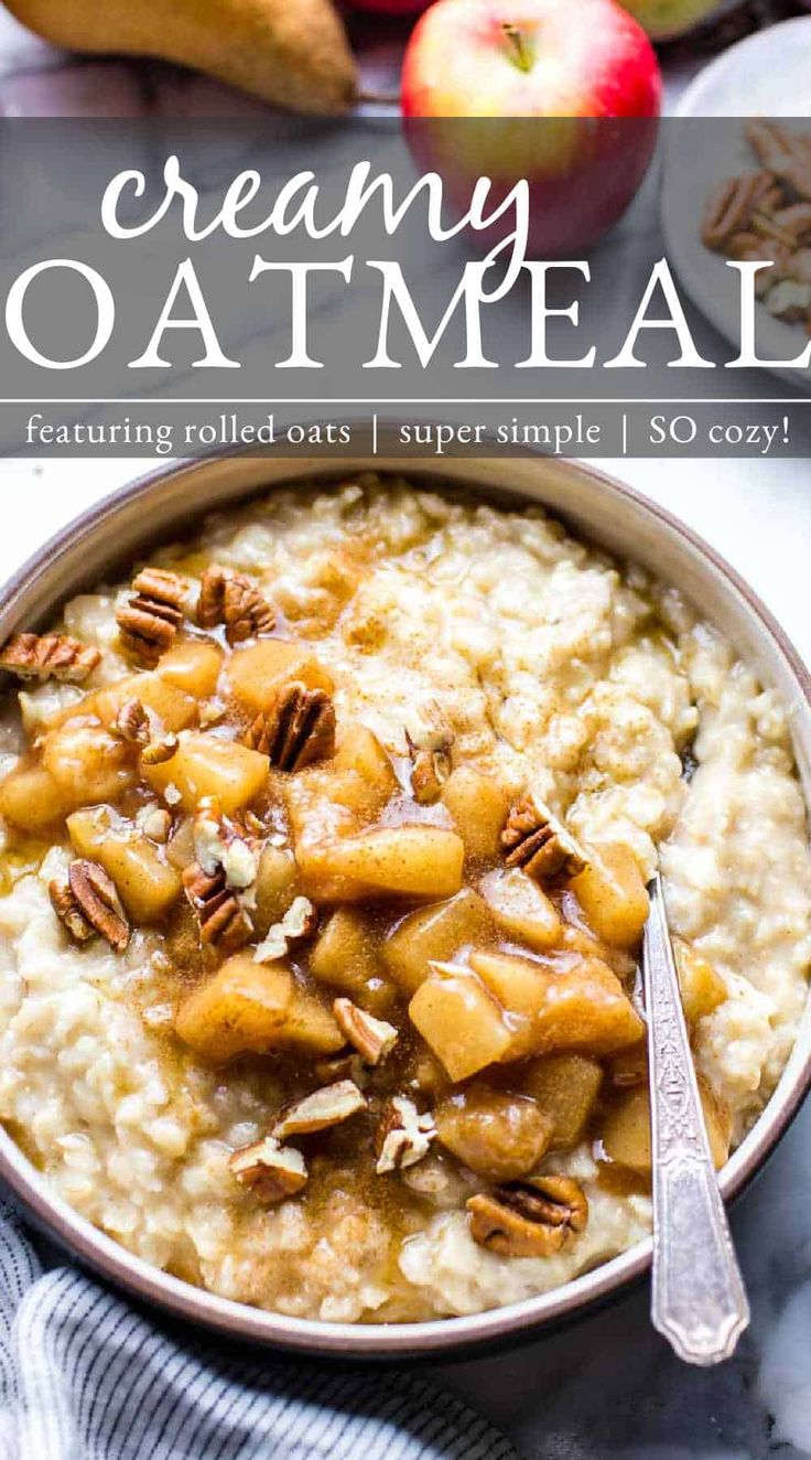 oatmeal with apples and pecans in a bowl