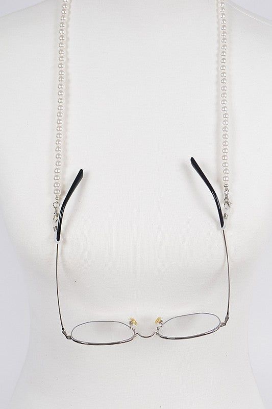 Pearl Glasses & Mask Chain * 23.5" Approx. Elegant Glass Necklace With Chain Strap, White Adjustable Glasses Chains For Fashion, White Adjustable Glasses Chain, Elegant Glass Jewelry With Chain Strap, Elegant Adjustable Clear Glasses Chains, White Glass Glasses Chains For Fashion Accessory, Elegant Metal Glasses Chains For Summer, White Glass Fashion Accessory Glasses Chains, White Glass Glasses Chains