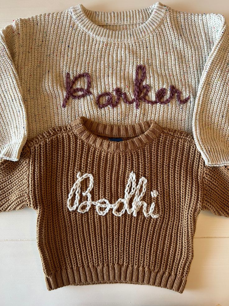 These baby sweaters make great gifts to a loved one, announcement photos, or just super cute daily wear! Cute Cotton Soft Knit Sweater, Cute Brown Crew Neck Sweater, Cute Cotton Chunky Knit Sweater, Personalized Cute Crew Neck Sweater, Cute Cotton Cable Knit Sweater, Cotton Sweater As Fall Gift, Cotton Sweater For Fall, Perfect As A Gift, Brown Chunky Knit Cotton Sweater, Cute Long Sleeve Sweater For Gift