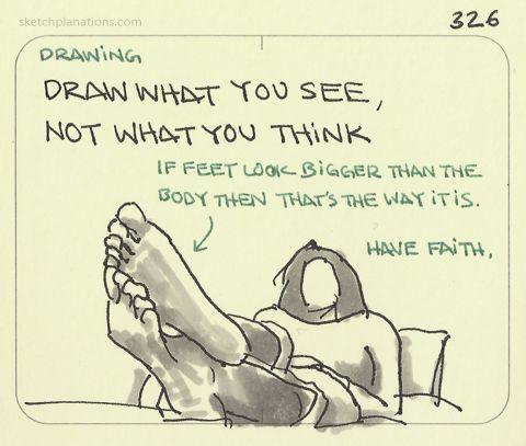 a drawing of a person laying down with their feet propped up and the caption below reads, draw what you see, not what you think