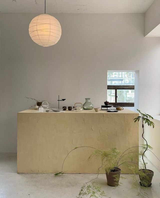 a room that has some plants on the counter and potted plants in front of it