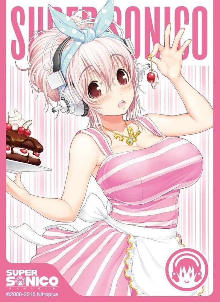 an anime character with headphones on holding a piece of cake in one hand and the other