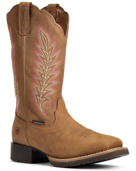 Ariat Womens Hybrid Rancher Waterproof Western Performance Boots - Broad Square Toe, Brown Ariat Western Boots, Cowgirl Look, Leather Cowgirl Boots, Western Boots For Men, Western Work, Boot Stand, Festival 2022, Western Boots Women, Work Boots Men